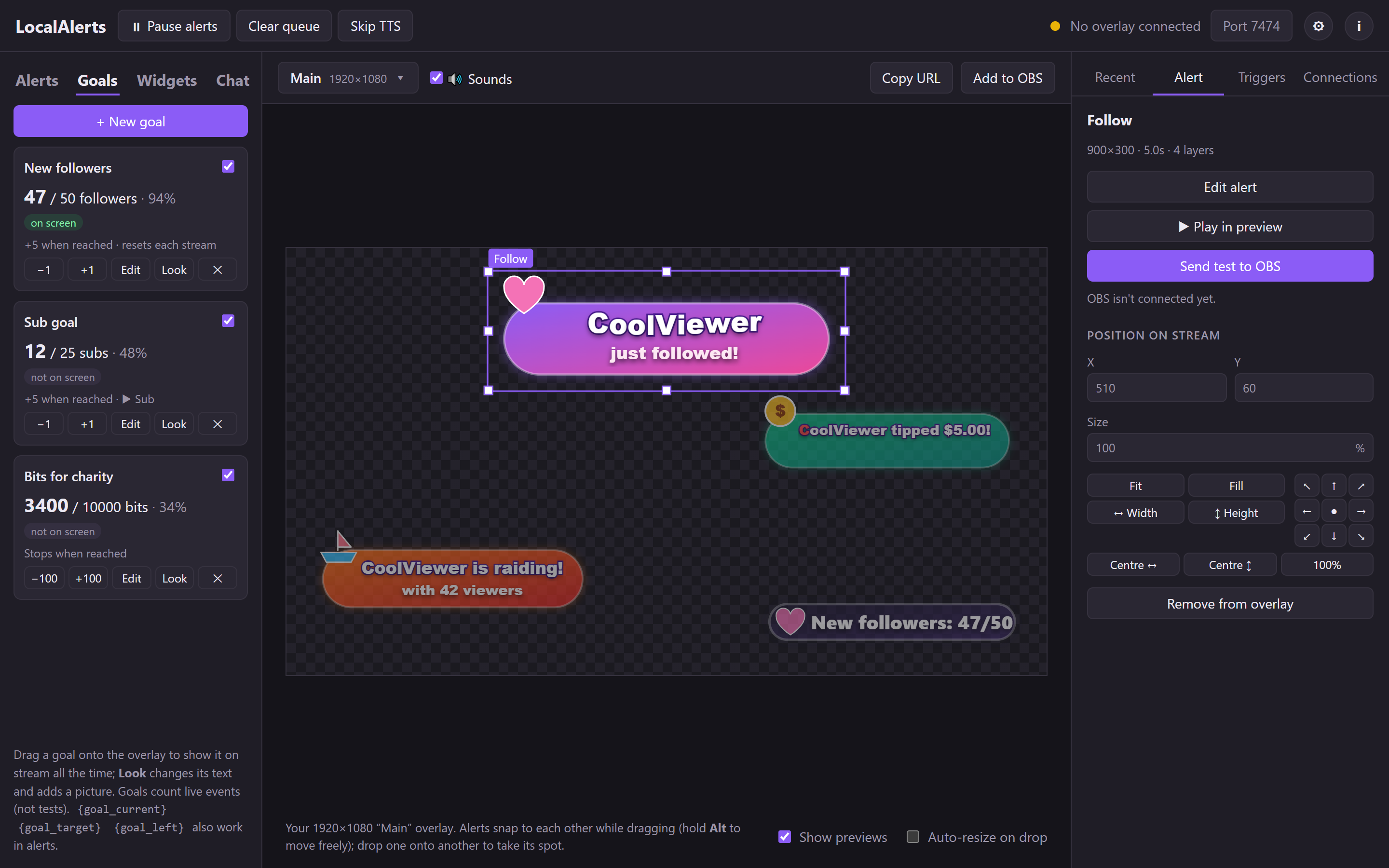 The Goals menu next to a follower goal on the stream canvas