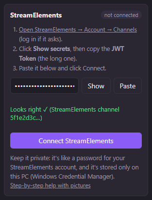 The StreamElements box in Jlerts: steps, the token box with Show and Paste, and Looks right