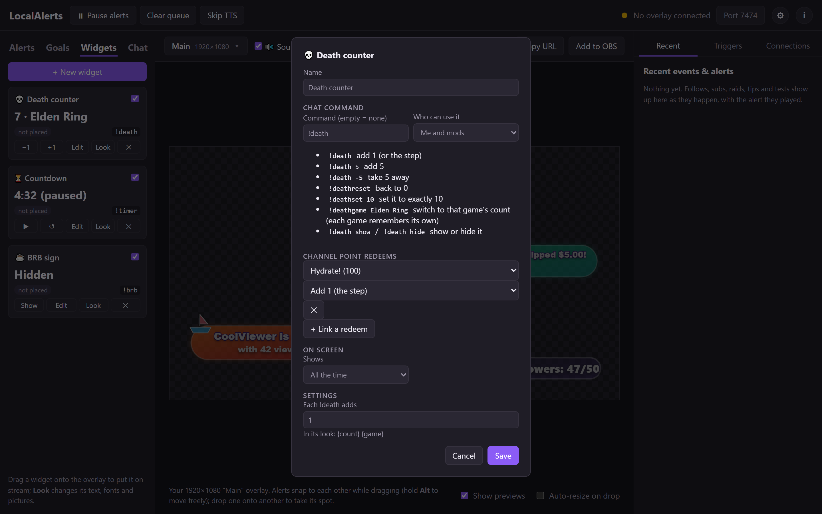 A widget's settings: its chat command, who can use it, redeems and when it shows