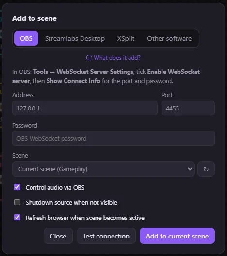 The Add to scene window: OBS, Streamlabs Desktop, XSplit and Other software