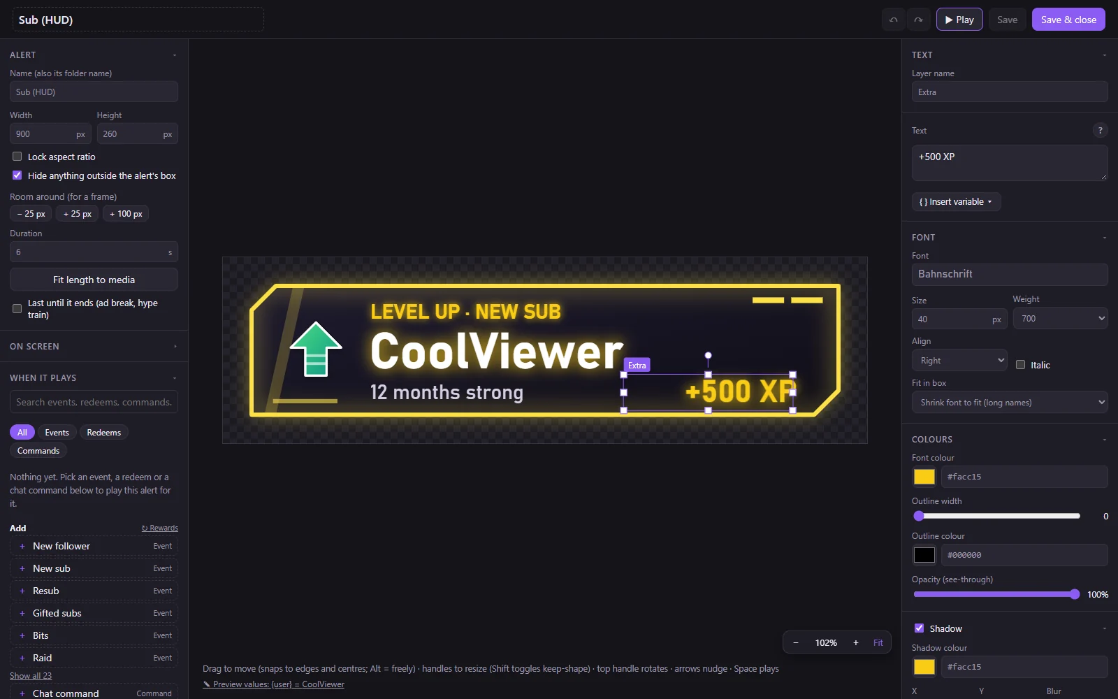The Alert Builder editing a gold HUD sub alert