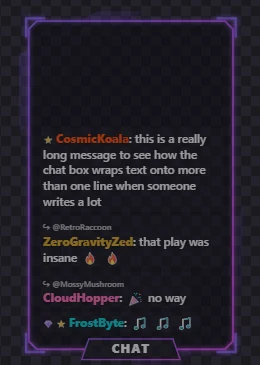 A gaming chat box with a purple HUD frame