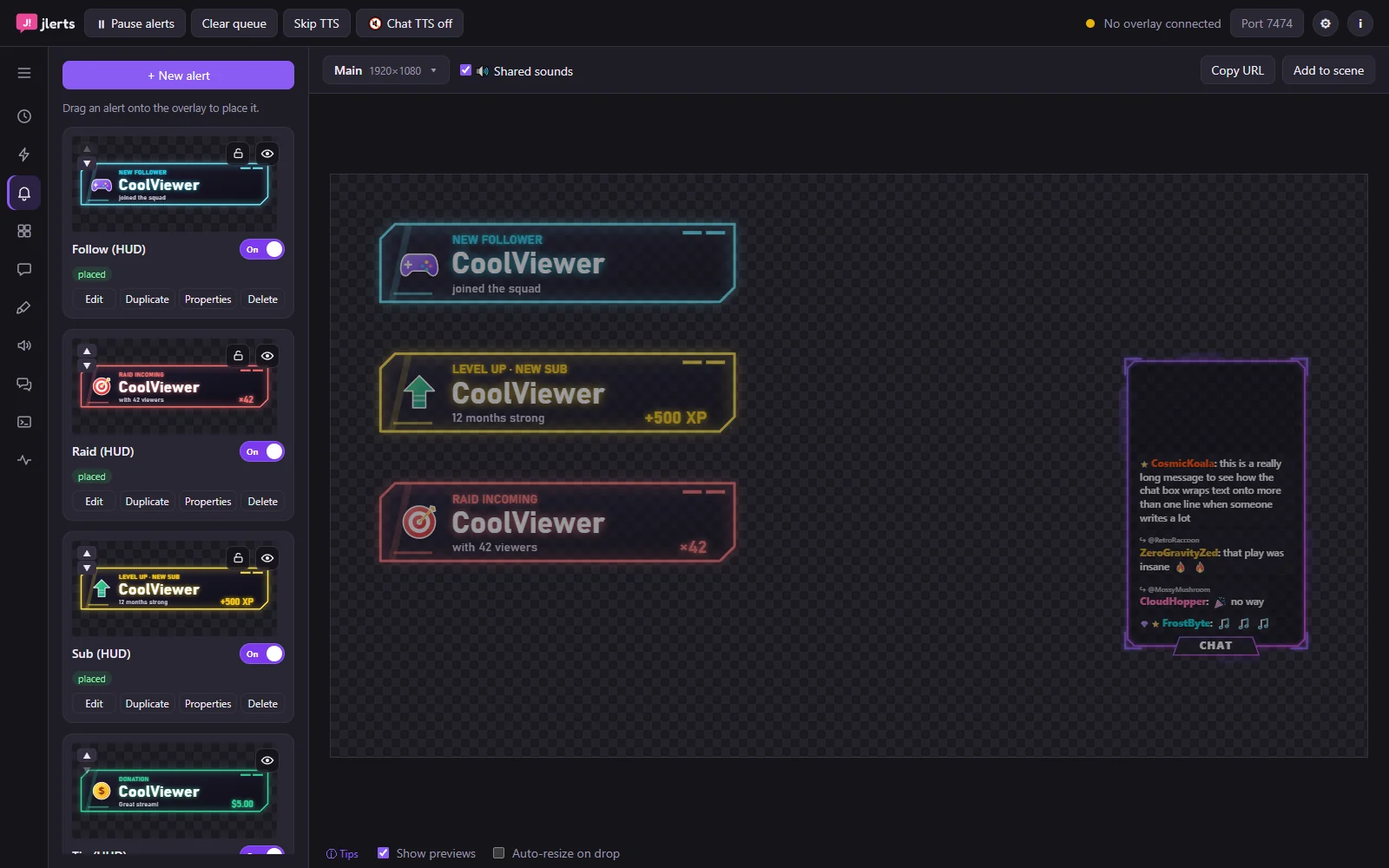 The Jlerts app: gaming alerts on the left, the overlay with three HUD alerts and a chat box