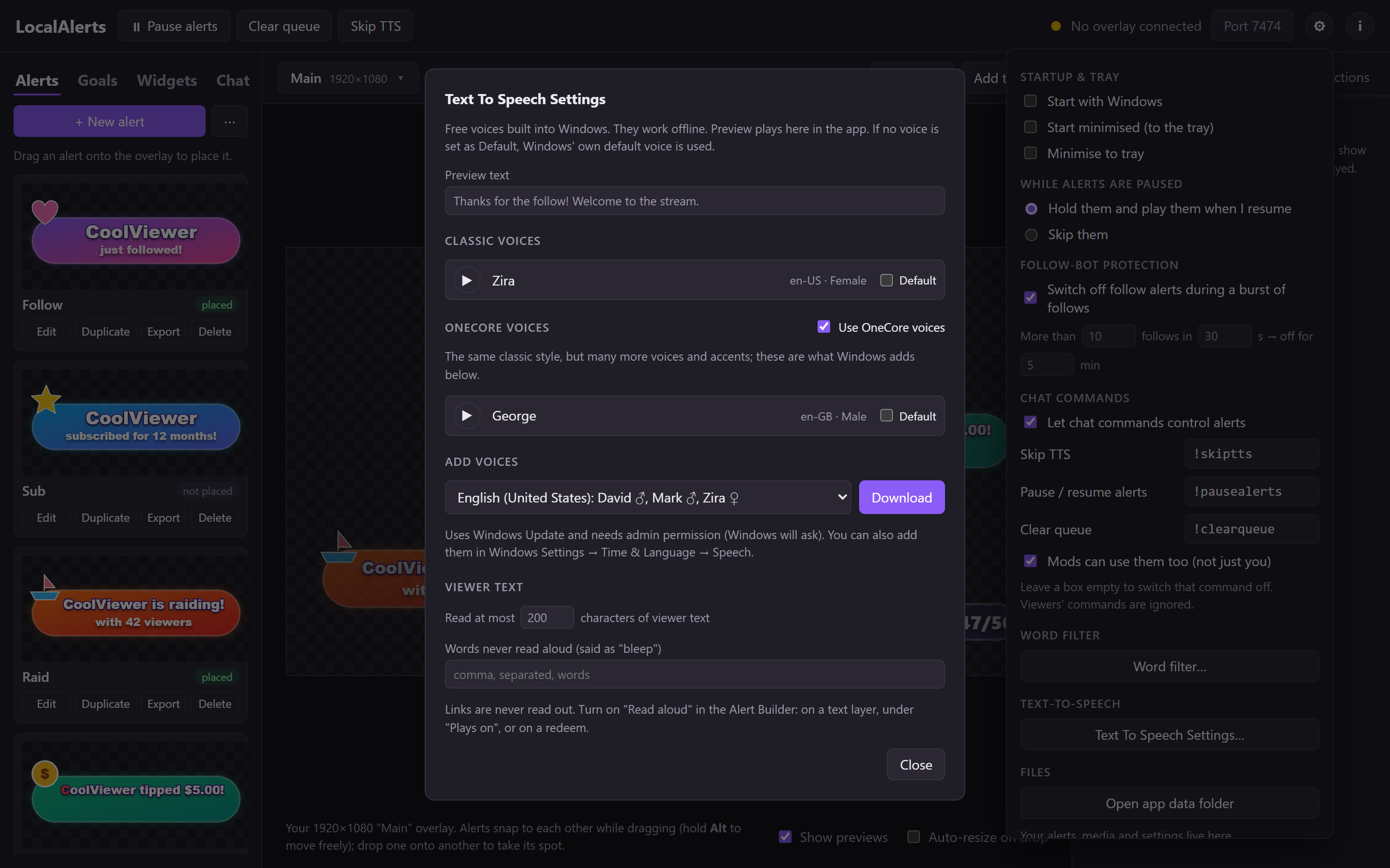 Text To Speech Settings with voice previews and language downloads